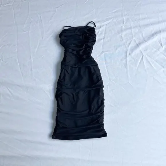 Oh Polly Everlasting Romance Cowl Neck Ruched Mini Dress in Black - Picture 2 of 8